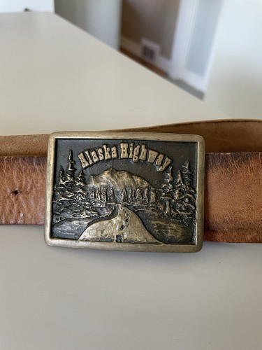 1978 Buckles of Alaska Solid Brass Alaska Highway Buckle Leather Belt USA