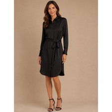 Quince Black Stretch Silk Shirt Dress Sz Small Long Sleeve Belted