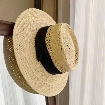 Women's Wide Brim Straw Sun Hat Openwork Boater Style Ribbon Band