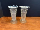 Vintage Two 1940s Anchor Hocking Moonstone Opalescent Hobnail Fluted Vases 5.5"