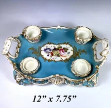 Antique French 19th c French Old Paris Porcelain, Painted Desk Ink Stand Inkwell