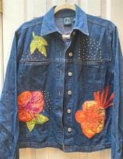 Lighthouse Apparel Blue Denim Jacket Appliqué Flowers Sequins Boho Size Medium