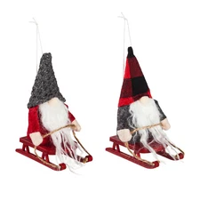 Plush Winter Gnome on Sled Christmas Tree Ornament Set of 2 Evergreen