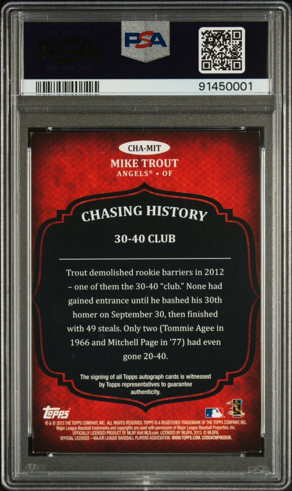 2013 Topps Mike Trout PSA AUTHENTIC AUTO 10 Chasing History CHA-MIT Autograph view 2