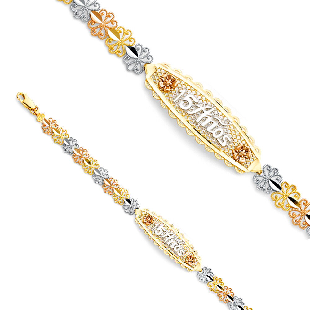 GOLD 14K Tri Color Flower ID Bracelet