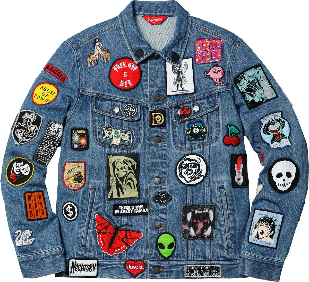 Veste de camionneur en denim Supreme Patches M bleu SS18 neuve avec étiquettes authentique
