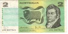 AUSTRALIA $2 Dollars VF Banknote (1979) P-43c Knight-Stone Sign Prefix JUL