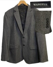 Wangyue Men’s Suit Blazer Jacket 46R Tweed Grey Black Herringbone Sports Coat