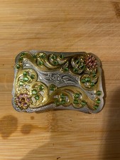 Western Rhinestone Belt Buckle Coastal Cowgirl Floral Scroll Vintage