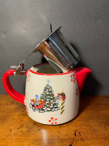 Temp-tations Ceramic Red Floral Lace 18 Oz. Tea Pot with Strainer - Picture 4 of 6