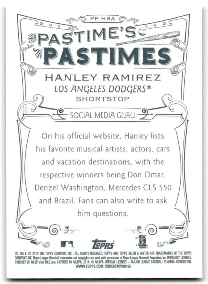 2014 Topps Allen & Ginter's - Pastime's Pastimes #PP-HRA Hanley Ramirez - Image 2 of 2