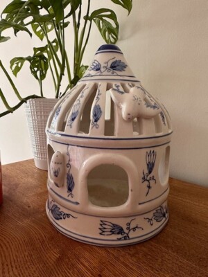 Chinoiserie ceramic bird cage candle holder blue white w/birds cottage core