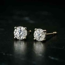 1Ct Round Cut Real Moissanite Solitaire Stud Earrings 14K white Gold Plated