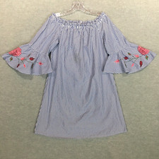 Speed Control M Off Shoulder Shift Dress 3/4 Bell Sleeve Blue Striped Pink Roses