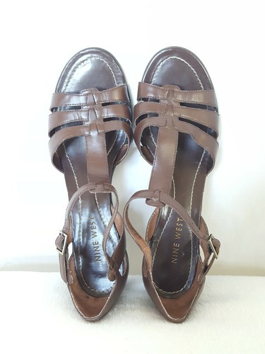 Nine West Women's Sz 7.5M Strappy Brown Leather Ankle Wrap Heeled Sandals. (D - Picture 6 of 9