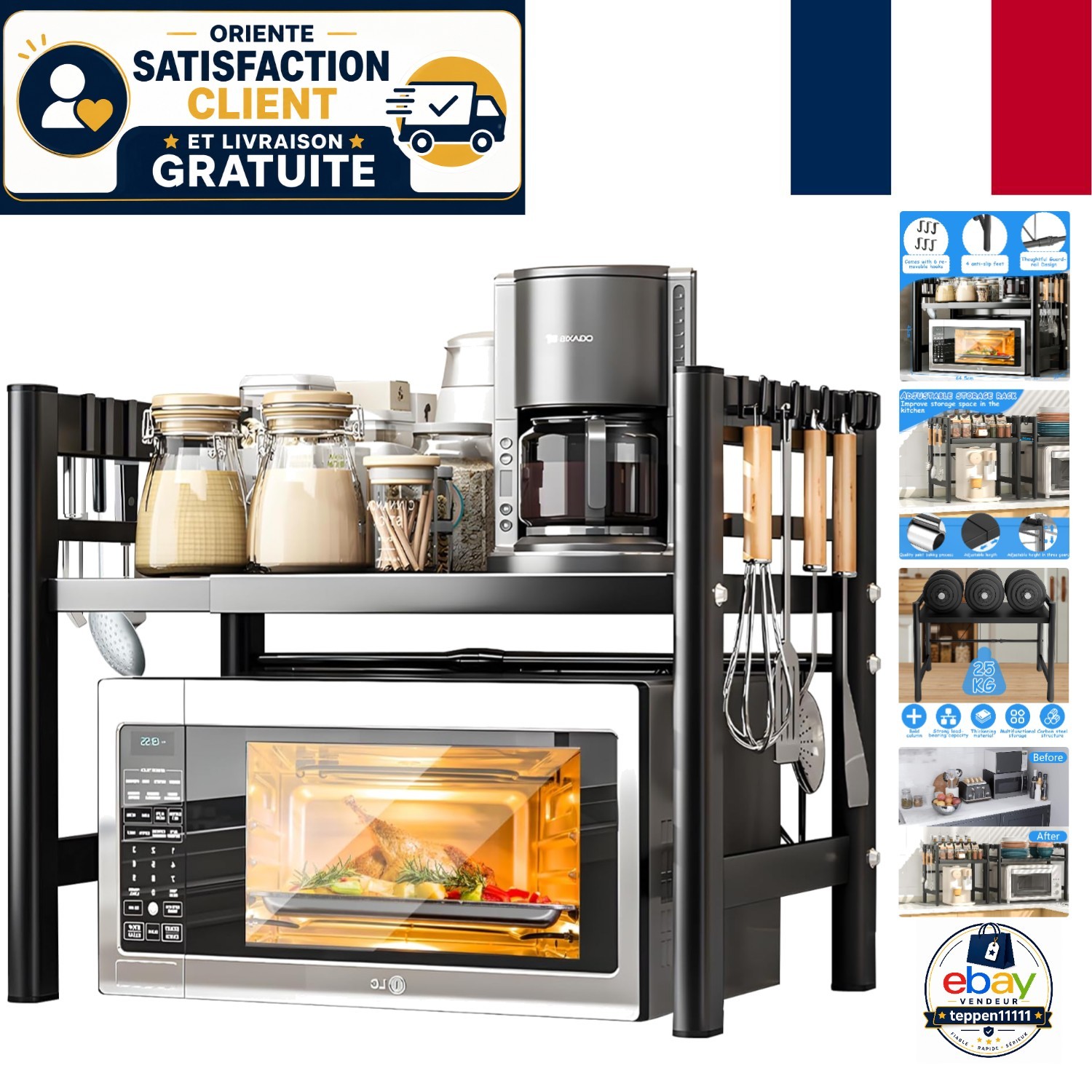 Support micro-ondes au design fonctionnel épuré et structure noire mate