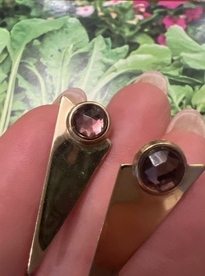 Vintage Gold Tone And Pink Rhinestones Geometric Triangle Earrings Free Shipping
