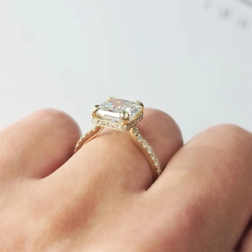 3Ct Cushion-Cut VS1 Lab Grown Diamond  Hidden Halo Wedding Ring 14K Yellow Gold - Image 3 of 4