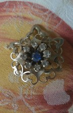 Vintage Blue Clear Rhinestone Brooch Gold Tone 1 1/2" x 1 3/4"