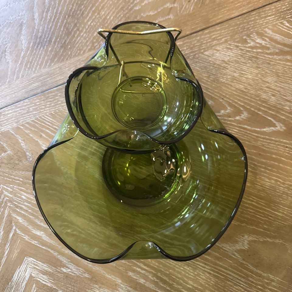 Vintage Mid-century Modern Avocado Olive Green Round Chip & Dip Set Serving Bowl - Image 2 of 4