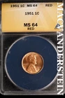 1951 Lincoln Wheat Cent - ANACS MS 64 Red - Scarce  No Reserve  #SLK680