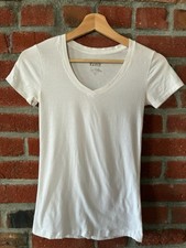 Women's Small White Active Basic Cotton Blend Deep V Neck T-shirt Short Sleeve