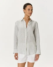 NWT Quince 100% European Linen Long Sleeve Shirt Oatmeal Black Stripe Large L 