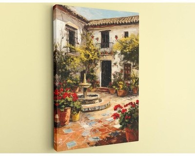 Spanish Courtyard Canvas Print Art Mediterranean Villa Geraniums Wall Art