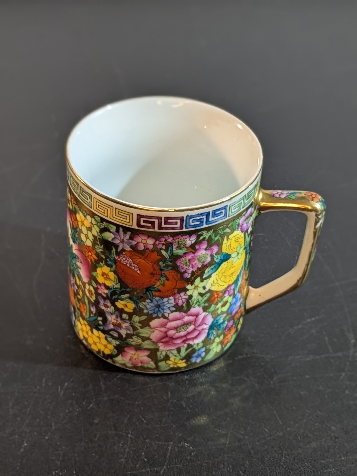 Coffee Cup Pink Green Yellow Floral Chintz On Gold Porcelain
