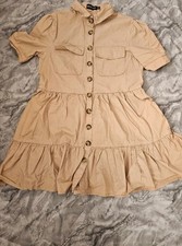 Ladies Button Up Beige Dress Short Sleved UK Size 4 .. 2 Top Pockets