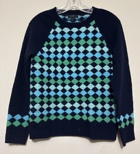 J Crew Women Argyle Crewneck 100 Lambs Wool Sweater Y2K Preppy S Blue Green