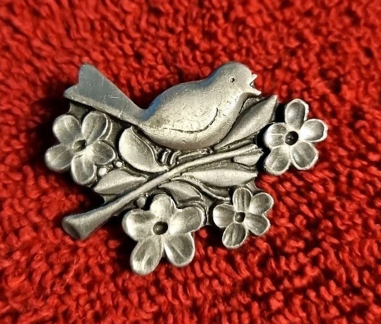 Vintage R. Tennesmed Sweden Pewter Pin Brooch Bird Flowers Leaves Floral