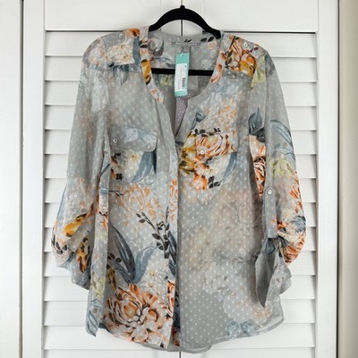 Daniel Rainn Floral Swiss Dot Blouse Women L Grey NEW Roll Tab Sleeve Pocket
