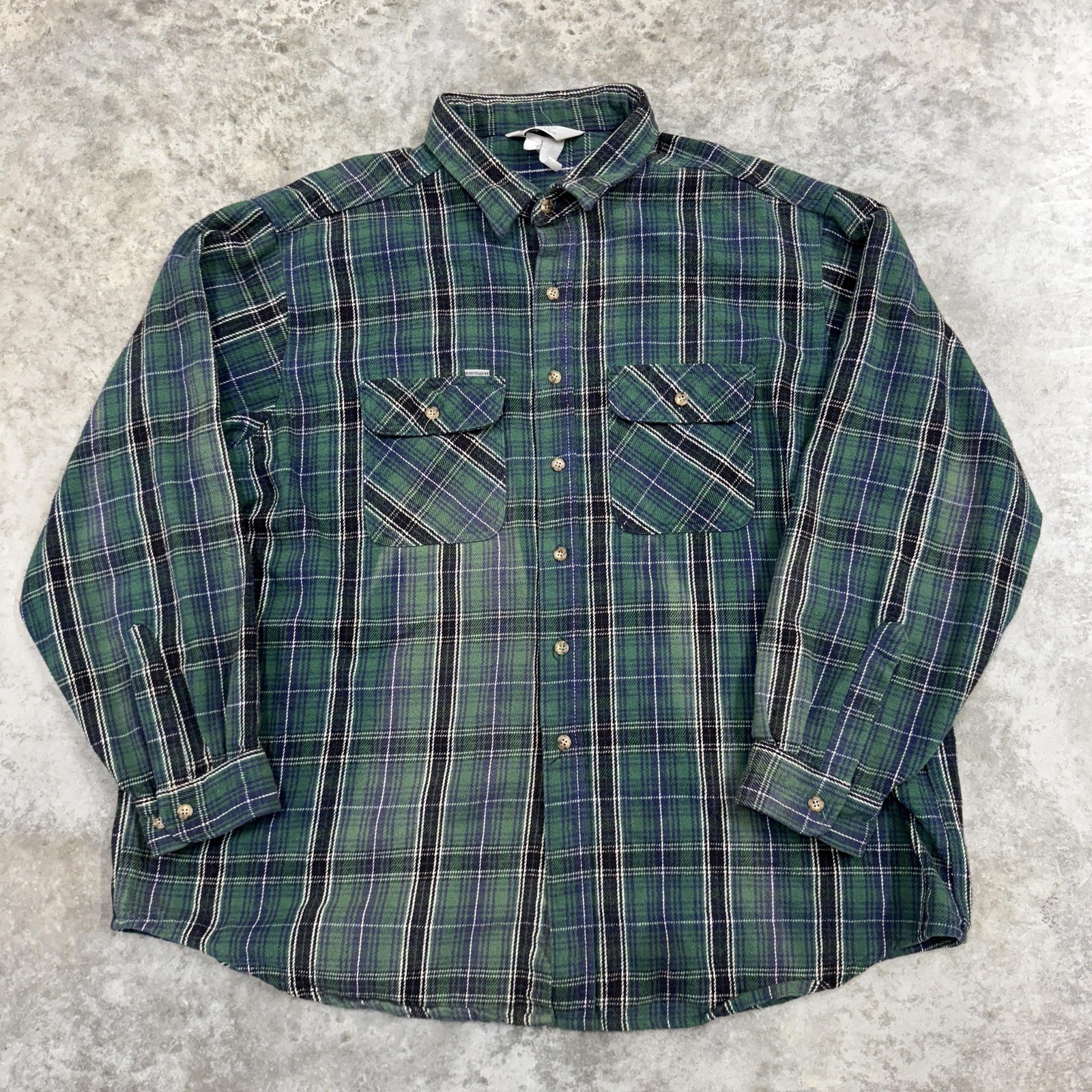 Vintage Carhartt Shirt Mens Green Blue Plaid Flannel Button Front Rugged 90s