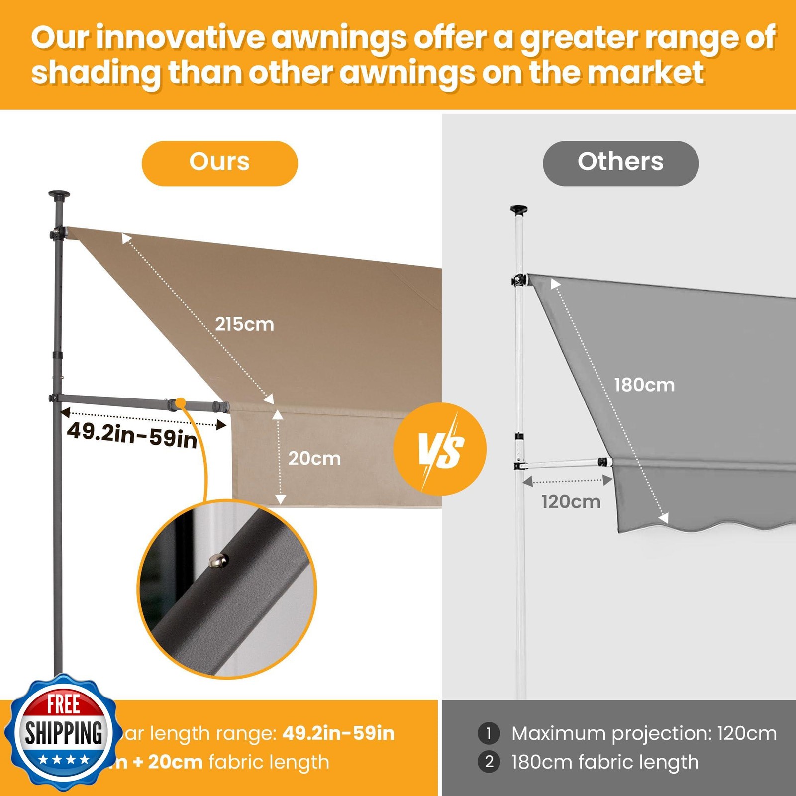 HOMEDEMO Manual Retractable Awning 59" W x 118" H,Side Bar 47-59i