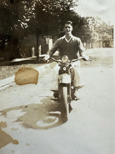 Vintage Original Photo 1928 Man In Sweater Riding Harley Motorcycle 5” Snapshot