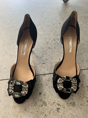 OSCAR De La RENTA Rosalba crystal embellish satin Black Shoes Pumps 38