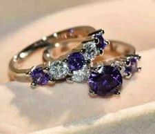 Round Simulated Amethyst Women's Wedding Bridal Set Ring In 925 Sterling Silver