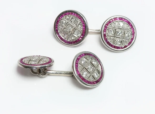 Gemelos laterales dobles diseño Art Deco antiguo corte europeo circonita cúbica y zafiro rosa Foto 2 de 4