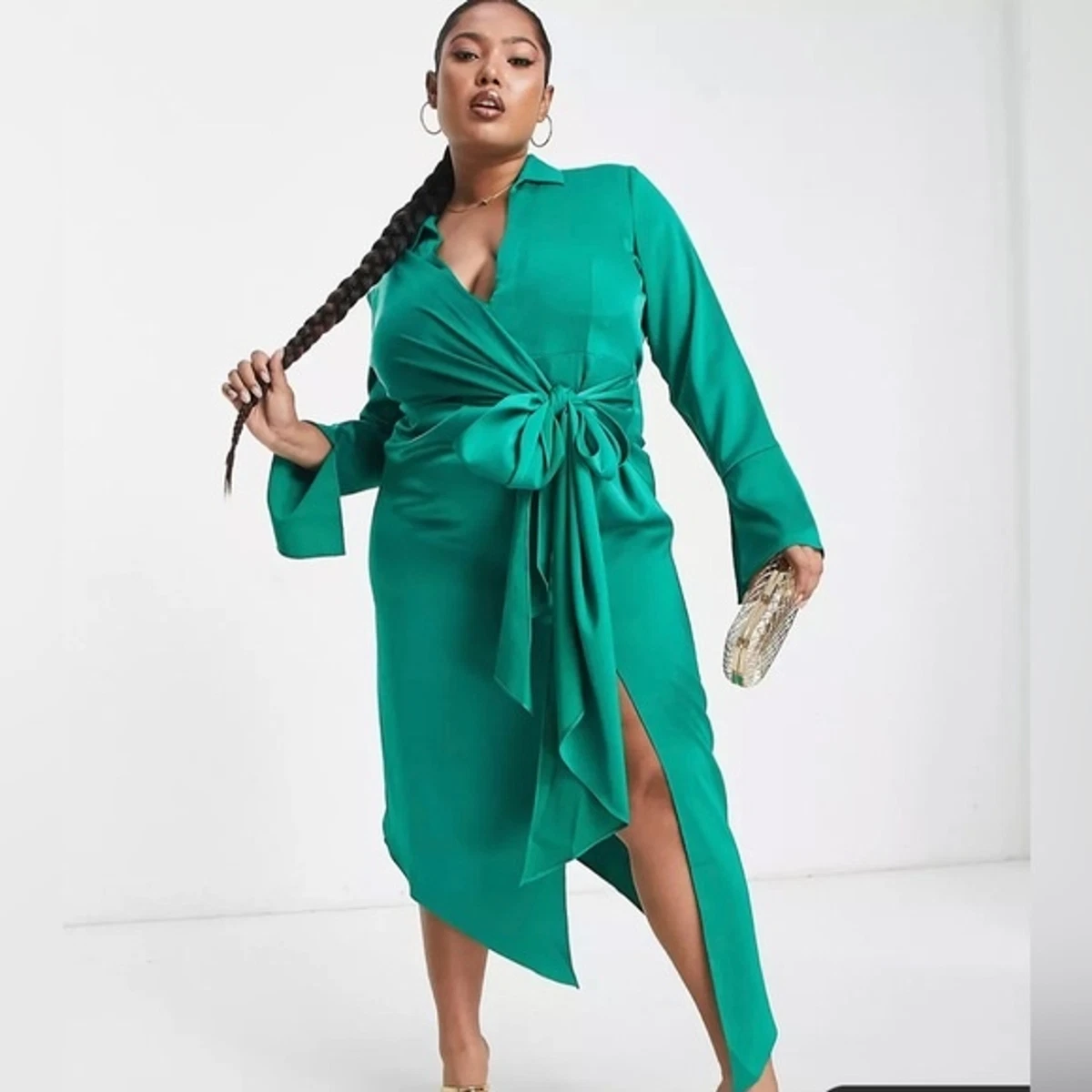 ASOS DESIGN Curve drape shirt midi dress in satin emerald green