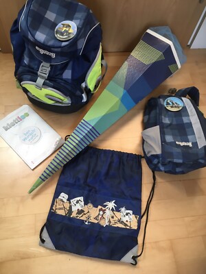 Ergobag Pack Schulrucksack Ranzen Blau mit Sicherheitsset Turnbeutel Kletties