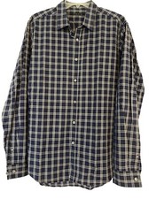 Theory Men  s Size Large Blue Plaid Check Cotton Long Sleeve Button Up Shirt