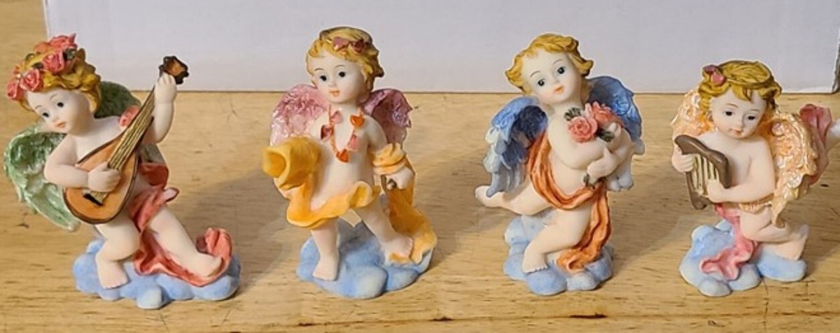 BABY ANGEL CHERUB FLOWER HARP MANDOLIN MUSIC CUTE FIGURINE STATUE
