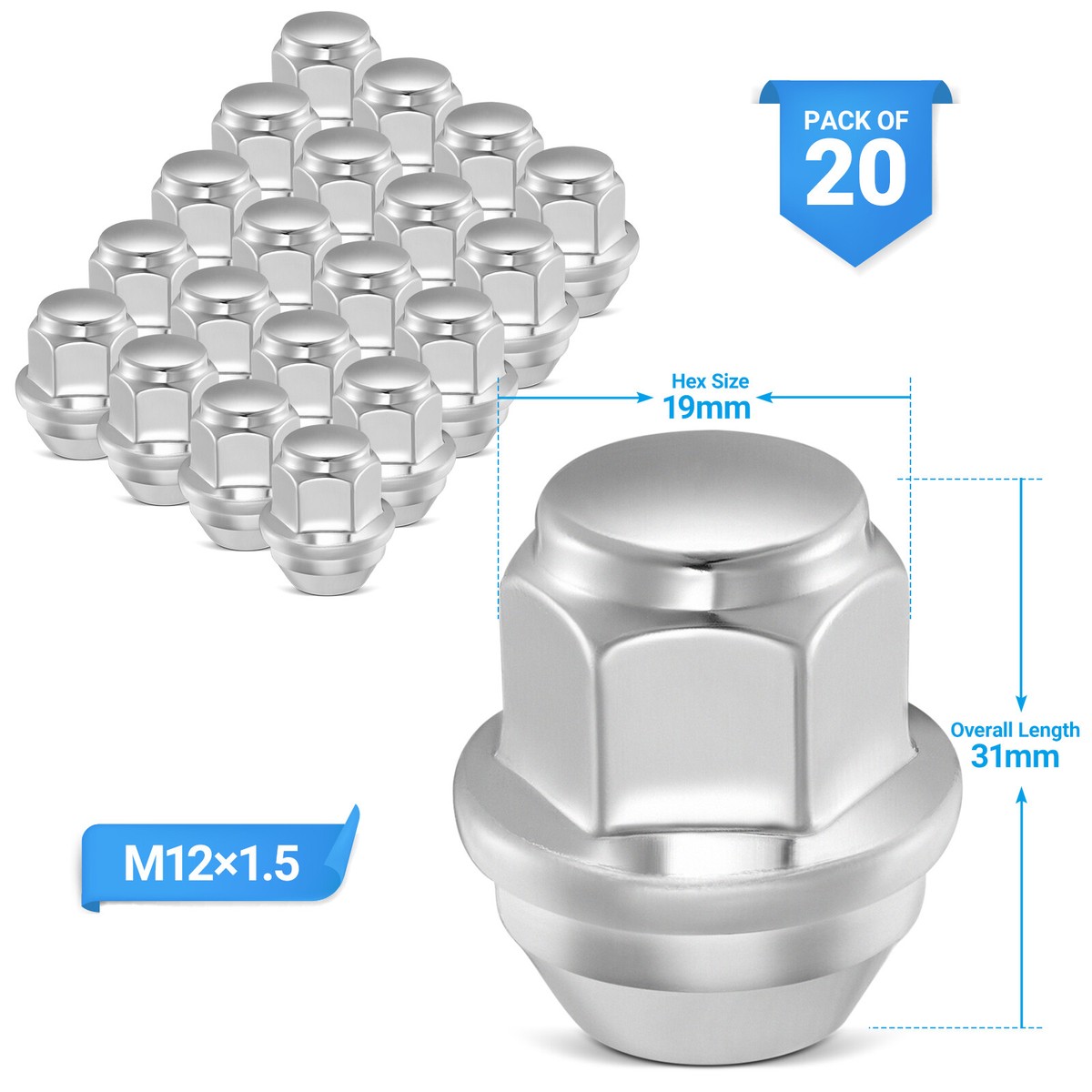 20x M12x1.5 Lug Nuts 19mm Hex Chrome Factory Style Acorn Ford