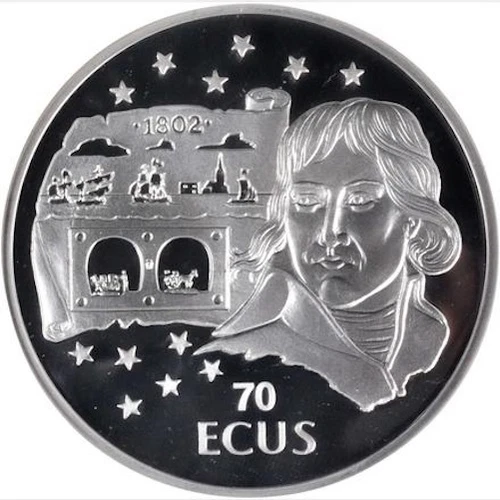GIBRALTAR  1995  70 ECUS SILVER COIN ERROR, GEM SUPERB PROOF, CERTIFIED NGC PF67