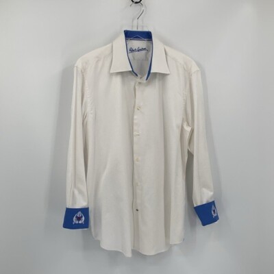 Robert Graham flip cuff shirt white textured embroidery blue fish men new 17 L