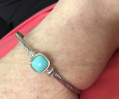 Threaded Bangle Square 3/8  Aqua Stone Hook Closure Twisted Cable Easy On & Off