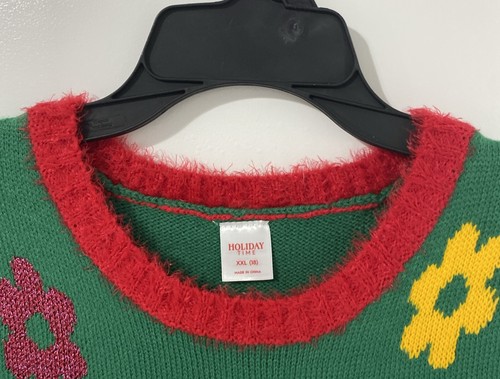 Holiday Time Girl’s Christmas Sweater Groovy Santa Peace Sign Green/Red XXL 18 - Picture 3 of 10