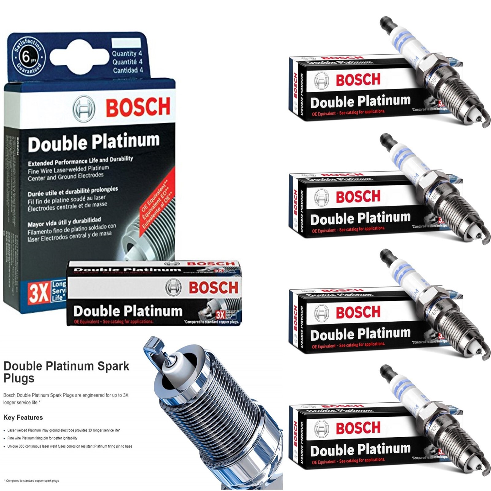 4 pcs Bosch Double Platinum Spark Plugs For 2001-2005 VOLKSWAGEN JETTA L4-2.0L