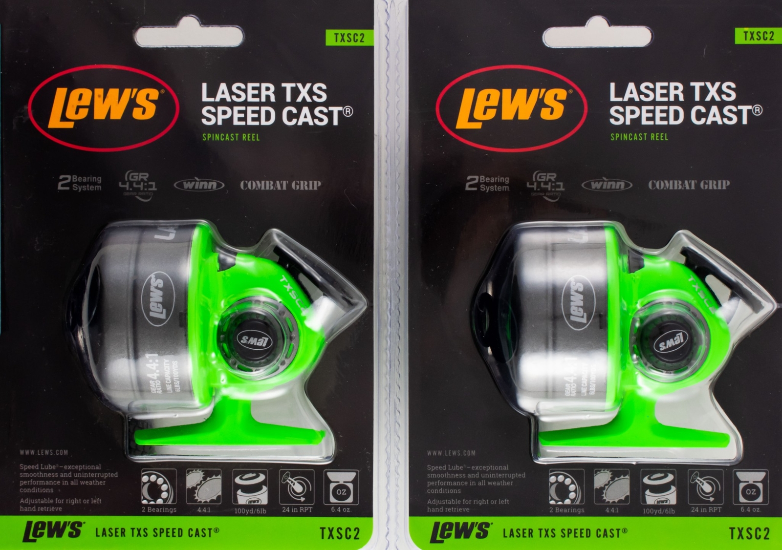 (LOT OF 2) LEW'S LASER TXS TXSC2 4.4:1 GEAR RATIO SPINCAST REEL CLAM PACK
